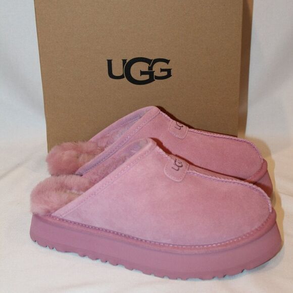 NIB UGG WOMEN'S DISCOQUETTE SUEDE SHEARLING LINED SLIPPERS PINK - Picture 1 of 7